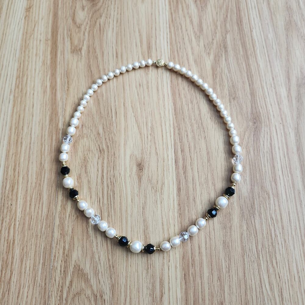 Vintage Champagne Faux Pearl Black Crystal Bead Necklace‎ Gold Tone 25in